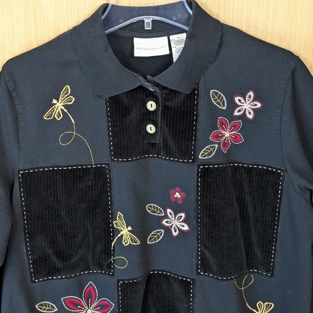 Alfred Dunner Top Women XL Black Corduroy Patchwork Retro 90s Embroidered Floral - Picture 3 of 8